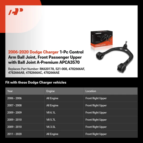 2006-2020 Dodge Charger 1-Pc Control Arm Ball Joint, Front Passenger Upper with Ball Joint A-Premium APCA3570
