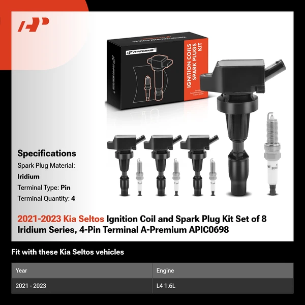 2021-2023 Kia Seltos Ignition Coil and Spark Plug Kit Set of 8 Iridium Series, 4-Pin Terminal A-Premium APIC0698