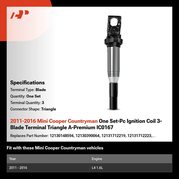 2011-2016 Mini Cooper Countryman One Set-Pc Ignition Coil 3-Blade Terminal Triangle A-Premium IC0167