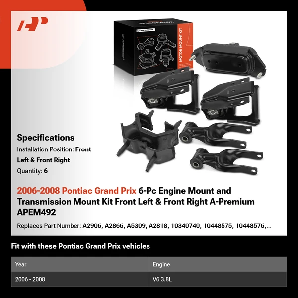 2006-2008 Pontiac Grand Prix 6-Pc Engine Mount and Transmission Mount Kit Front Left & Front Right A-Premium APEM492