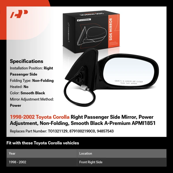 1998-2002 Toyota Corolla Right Passenger Side Mirror, Power Adjustment, Non-Folding, Smooth Black A-Premium APMI1851