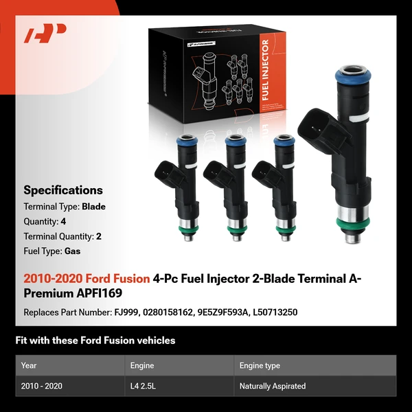 2010-2020 Ford Fusion 4-Pc Fuel Injector 2-Blade Terminal A-Premium APFI169