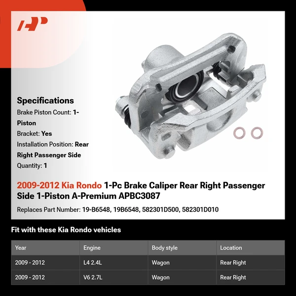 2009-2012 Kia Rondo 1-Pc Brake Caliper Rear Right Passenger Side 1-Piston A-Premium APBC3087