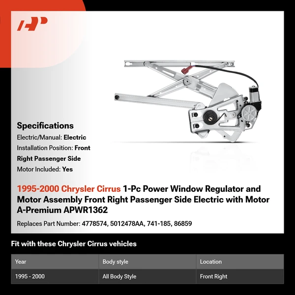 1995-2000 Chrysler Cirrus 1-Pc Power Window Regulator and Motor Assembly Front Right Passenger Side Electric with Motor A-Premium APWR1362