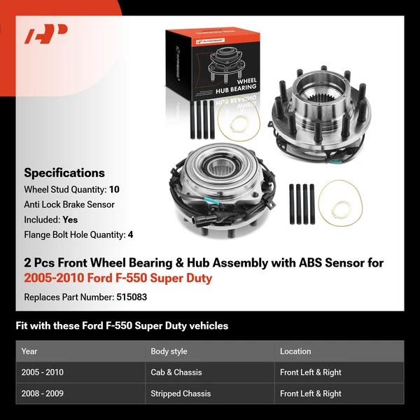 2 Pcs Front Wheel Bearing & Hub Assembly with ABS Sensor for 2005-2010 Ford F-550 Super Duty