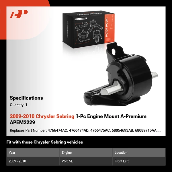 2009-2010 Chrysler Sebring 1-Pc Engine Mount A-Premium APEM2229