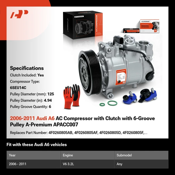2006-2011 Audi A6 AC Compressor with Clutch with 6-Groove Pulley A-Premium APACC007