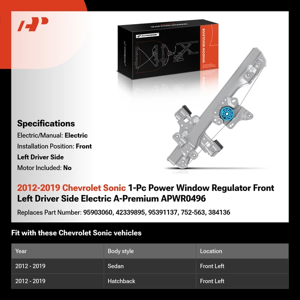 2012-2019 Chevrolet Sonic 1-Pc Power Window Regulator Front Left Driver Side Electric A-Premium APWR0496
