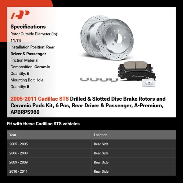 2005-2011 Cadillac STS Drilled & Slotted Disc Brake Rotors and Ceramic Pads Kit, 6 Pcs, Rear Driver & Passenger, A-Premium, APBRPS960