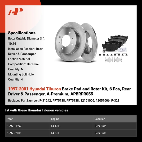 1997-2001 Hyundai Tiburon Brake Pad and Rotor Kit, 6 Pcs, Rear Driver & Passenger, A-Premium, APBRPR055