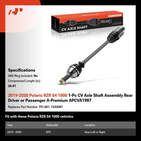 2019-2020 Polaris RZR S4 1000 1-Pc CV Axle Shaft Assembly Rear Driver or Passenger A-Premium APCVA1987