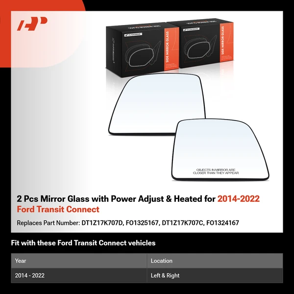 2 Pcs Mirror Glass with Power Adjust & Heated for 2014-2022 Ford Transit Connect