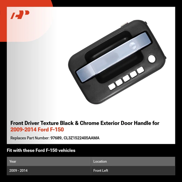 Front Driver Texture Black & Chrome Exterior Door Handle for 2009-2014 Ford F-150