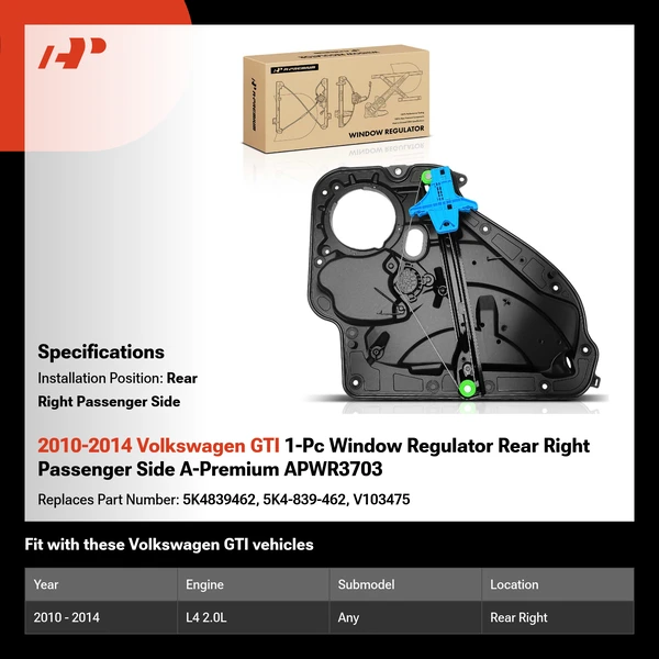 2010-2014 Volkswagen GTI 1-Pc Window Regulator Rear Right Passenger Side A-Premium APWR3703