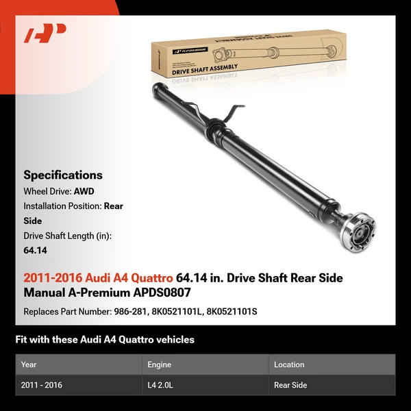 2011-2016 Audi A4 Quattro 64.14 in. Drive Shaft Rear Side Manual A-Premium APDS0807