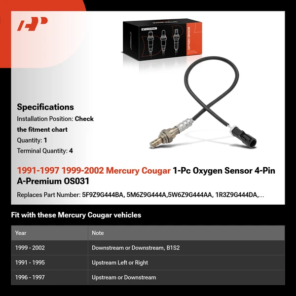 1991-1997 1999-2002 Mercury Cougar 1-Pc Oxygen Sensor 4-Pin A-Premium OS031