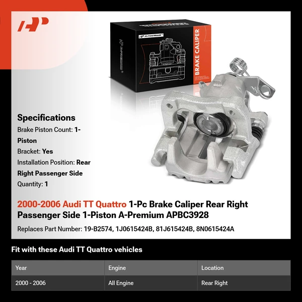 2000-2006 Audi TT Quattro 1-Pc Brake Caliper Rear Right Passenger Side 1-Piston A-Premium APBC3928