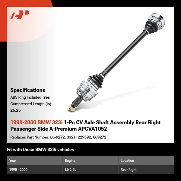 1998-2000 BMW 323i 1-Pc CV Axle Shaft Assembly Rear Right Passenger Side A-Premium APCVA1052