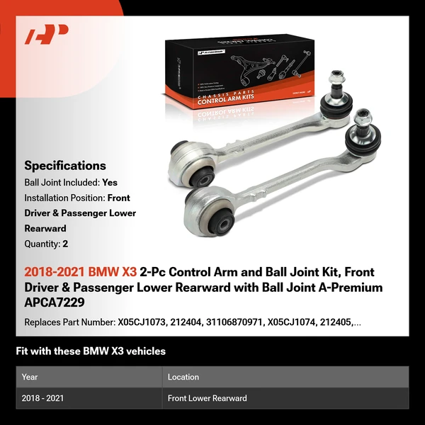 2018-2021 BMW X3 2-Pc Control Arm and Ball Joint Kit, Front Driver & Passenger Lower Rearward with Ball Joint A-Premium APCA7229