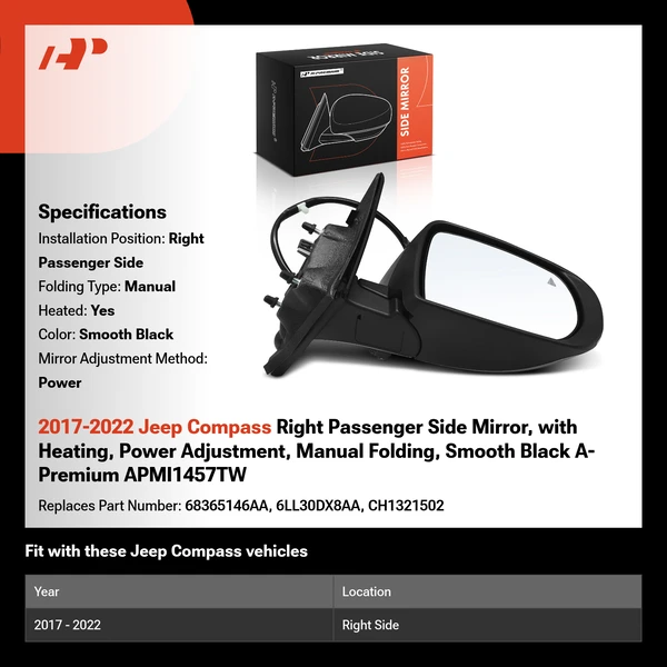 2017-2022 Jeep Compass Right Passenger Side Mirror, with Heating, Power Adjustment, Manual Folding, Smooth Black A-Premium APMI1457TW