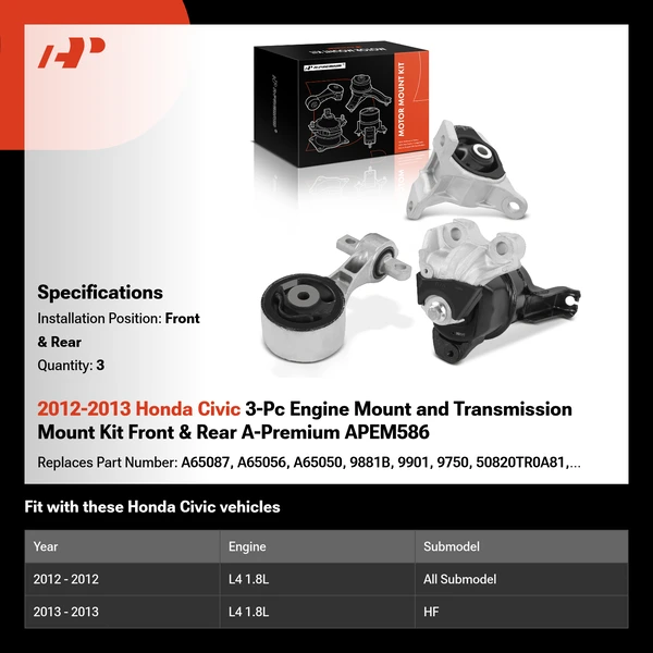 2012-2013 Honda Civic 3-Pc Engine Mount and Transmission Mount Kit Front & Rear A-Premium APEM586