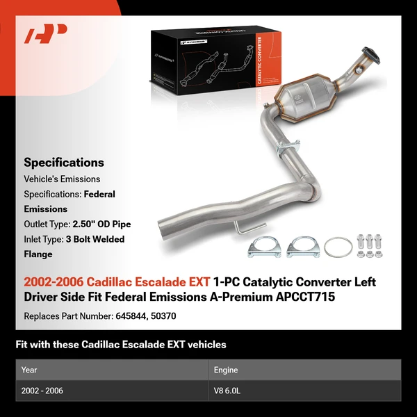 2002-2006 Cadillac Escalade EXT 1-PC Catalytic Converter Left Driver Side Fit Federal Emissions A-Premium APCCT715