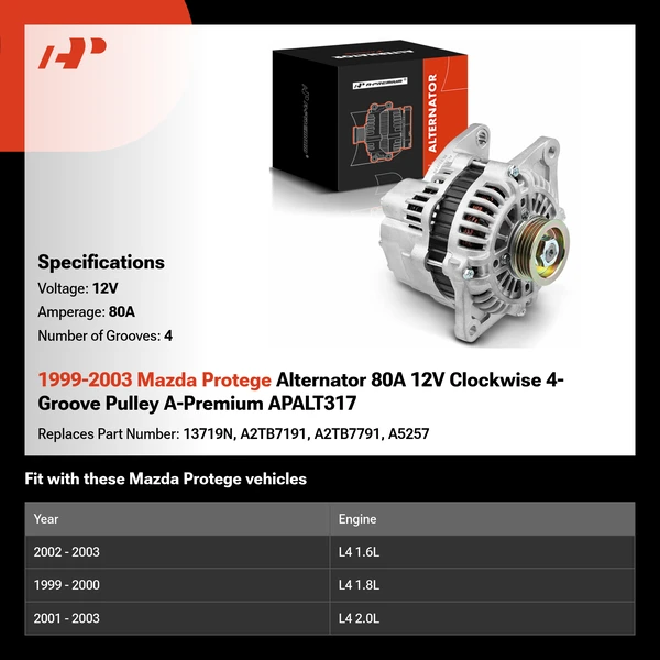 1999-2003 Mazda Protege Alternator 80A 12V Clockwise 4-Groove Pulley A-Premium APALT317