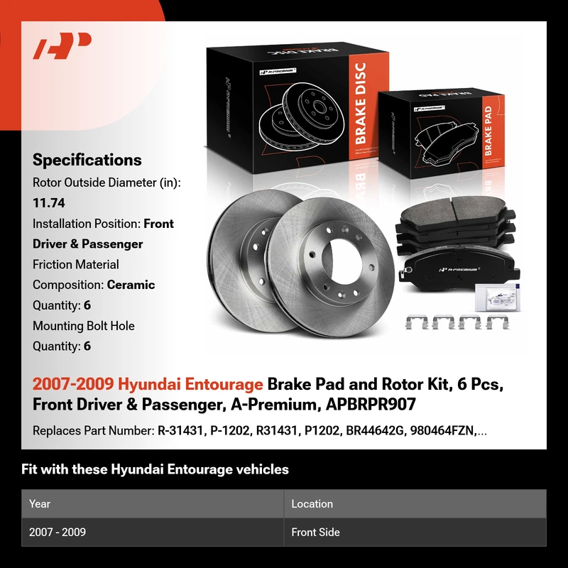2007-2009 Hyundai Entourage Brake Pad and Rotor Kit, 6 Pcs, Front Driver & Passenger, A-Premium, APBRPR907