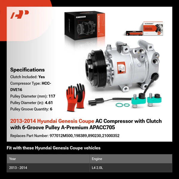 2013-2014 Hyundai Genesis Coupe AC Compressor with Clutch with 6-Groove Pulley A-Premium APACC705