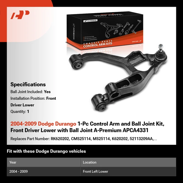 2004-2009 Dodge Durango 1-Pc Control Arm and Ball Joint Kit, Front Driver Lower with Ball Joint A-Premium APCA4331