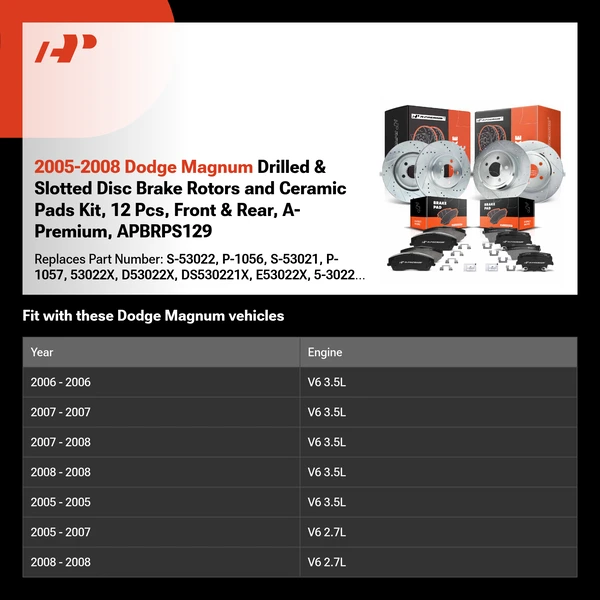 2005-2008 Dodge Magnum Drilled & Slotted Disc Brake Rotors and Ceramic Pads Kit, 12 Pcs, Front & Rear, A-Premium, APBRPS129