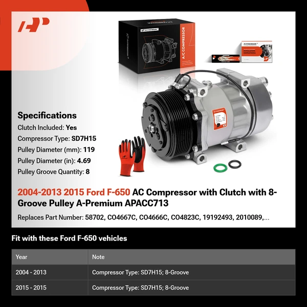 2004-2013 2015 Ford F-650 AC Compressor with Clutch with 8-Groove Pulley A-Premium APACC713