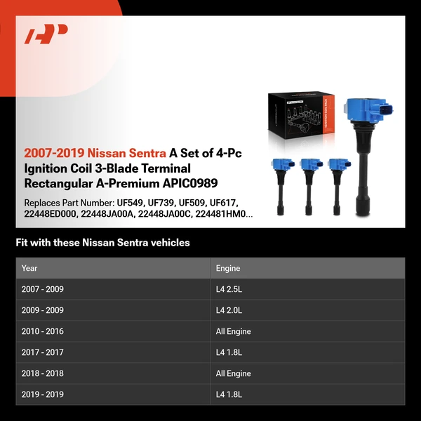 2007-2019 Nissan Sentra A Set of 4-Pc Ignition Coil 3-Blade Terminal Rectangular A-Premium APIC0989