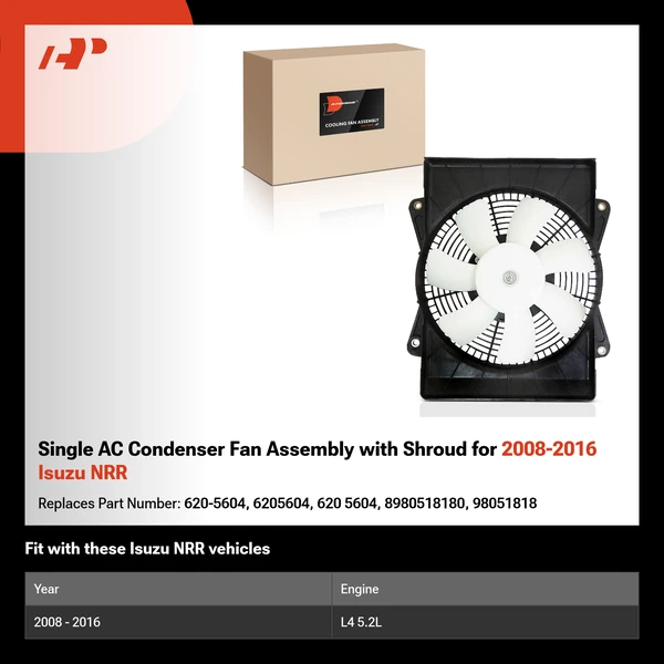 Single AC Condenser Fan Assembly with Shroud for 2008-2016 Isuzu NRR