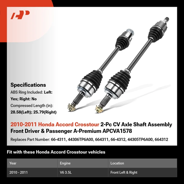 2010-2011 Honda Accord Crosstour 2-Pc CV Axle Shaft Assembly Front Driver & Passenger A-Premium APCVA1578