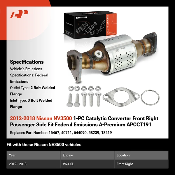 2012-2018 Nissan NV3500 1-PC Catalytic Converter Front Right Passenger Side Fit Federal Emissions A-Premium APCCT191
