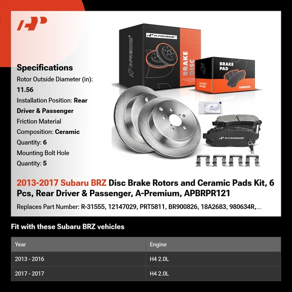 2013-2017 Subaru BRZ Disc Brake Rotors and Ceramic Pads Kit, 6 Pcs, Rear Driver & Passenger, A-Premium, APBRPR121