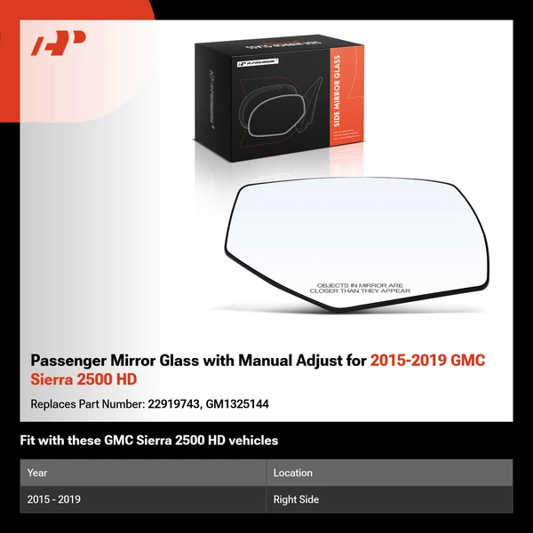 Passenger Mirror Glass with Manual Adjust for 2015-2019 GMC Sierra 2500 HD