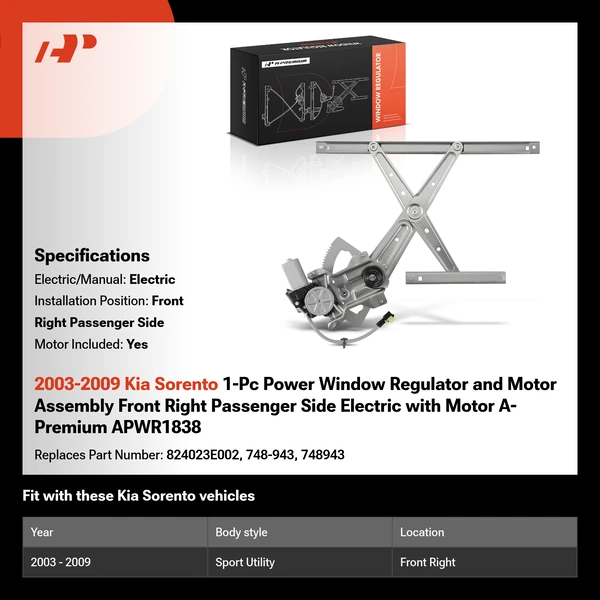 2003-2009 Kia Sorento 1-Pc Power Window Regulator and Motor Assembly Front Right Passenger Side Electric with Motor A-Premium APWR1838