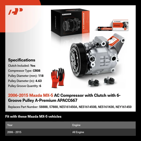2006-2015 Mazda MX-5 AC Compressor with Clutch with 6-Groove Pulley A-Premium APACC667
