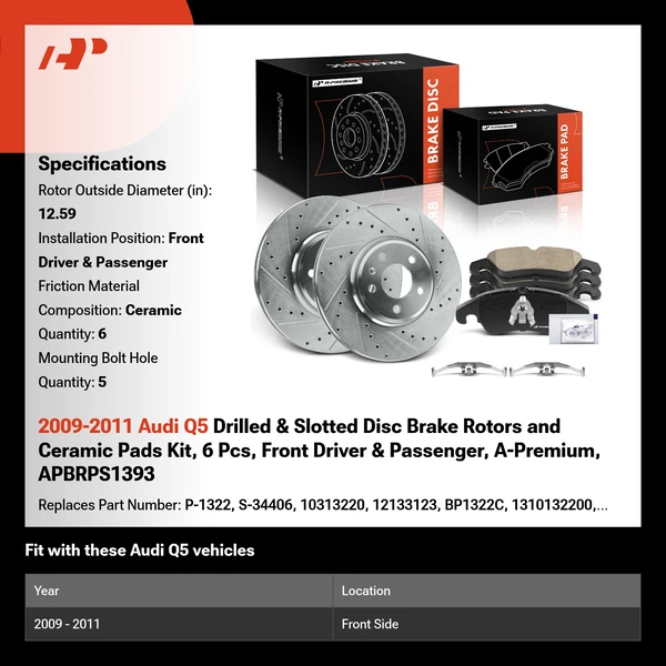 2009-2011 Audi Q5 Drilled & Slotted Disc Brake Rotors and Ceramic Pads Kit, 6 Pcs, Front Driver & Passenger, A-Premium, APBRPS1393