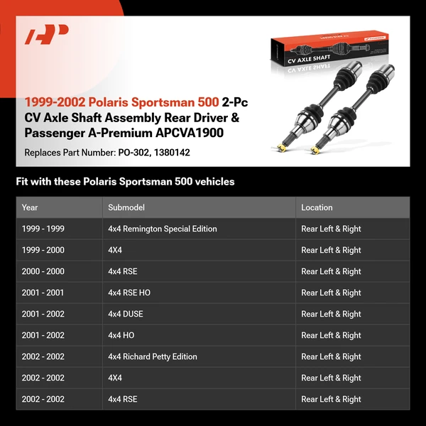 1999-2002 Polaris Sportsman 500 2-Pc CV Axle Shaft Assembly Rear Driver & Passenger A-Premium APCVA1900