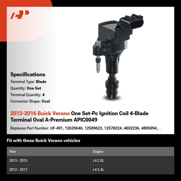 2012-2016 Buick Verano One Set-Pc Ignition Coil 4-Blade Terminal Oval A-Premium APIC0049