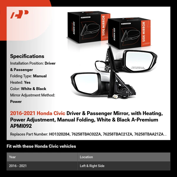 2016-2021 Honda Civic Driver & Passenger Mirror, with Heating, Power Adjustment, Manual Folding, White & Black A-Premium APMI092