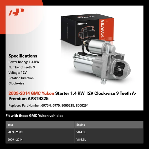 2009-2014 GMC Yukon Starter 1.4 KW 12V Clockwise 9 Teeth A-Premium APSTR325