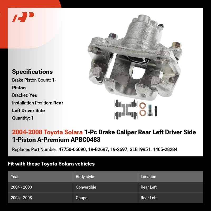 2004-2008 Toyota Solara 1-Pc Brake Caliper Rear Left Driver Side 1-Piston A-Premium APBC0483