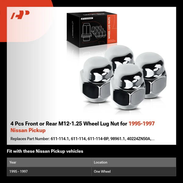 4 Pcs Front or Rear M12-1.25 Wheel Lug Nut for 1995-1997 Nissan Pickup