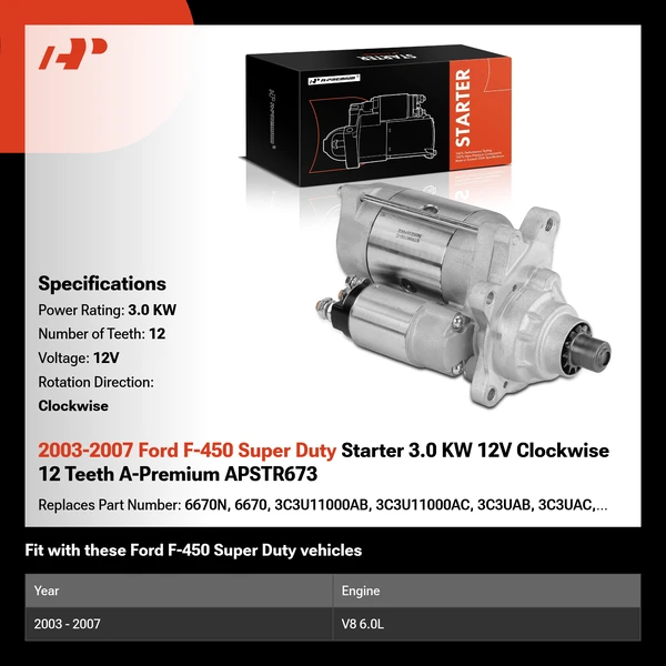 2003-2007 Ford F-450 Super Duty Starter 3.0 KW 12V Clockwise 12 Teeth A-Premium APSTR673
