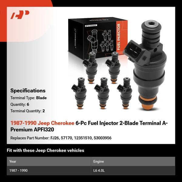 1987-1990 Jeep Cherokee 6-Pc Fuel Injector 2-Blade Terminal A-Premium APFI320