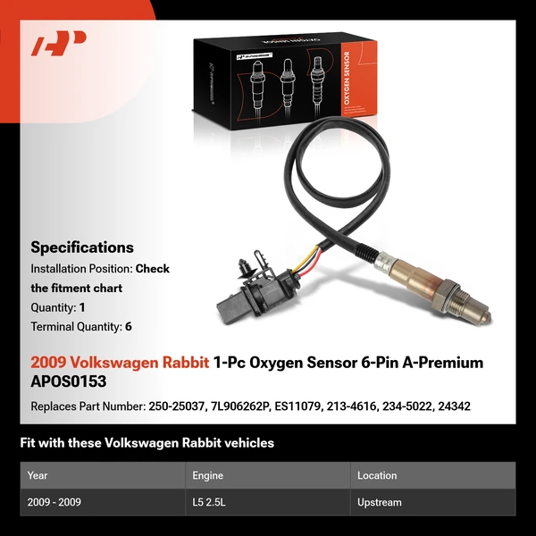 2009 Volkswagen Rabbit 1-Pc Oxygen Sensor 6-Pin A-Premium APOS0153